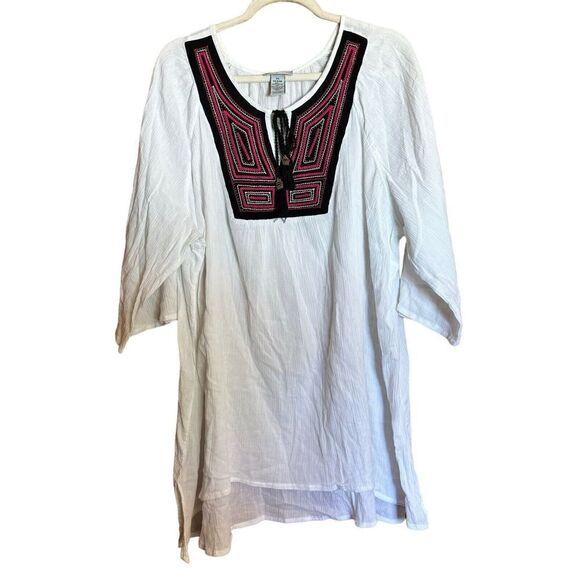 Catherines Tunic Top Womens 2X 22 24W White Boho Neckline Gauze Lagenlook Blouse - Picture 1 of 8